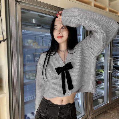 Kawaii Bow V-Neck Cardigan Sweater 🌸✨ | Cozy Long Sleeve Top for Sweet Style 🍭💖