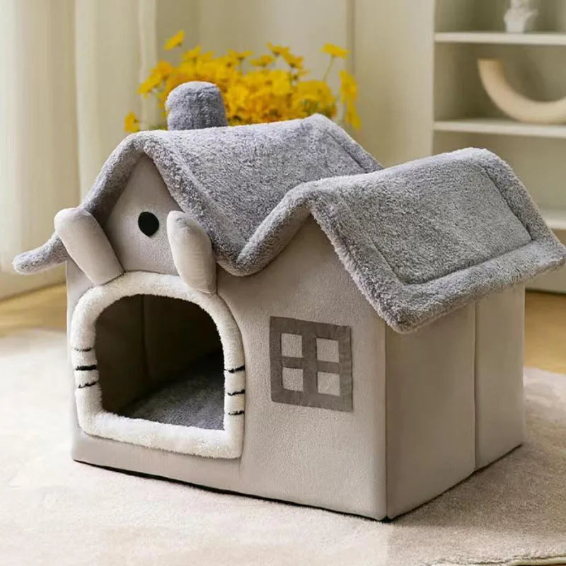 Kawaii Cozy Cat Nest 🐾🌸 | Double Roof Pet House for All Seasons 🌈 | Warm & Washable Small Dog Bed 🐶✨