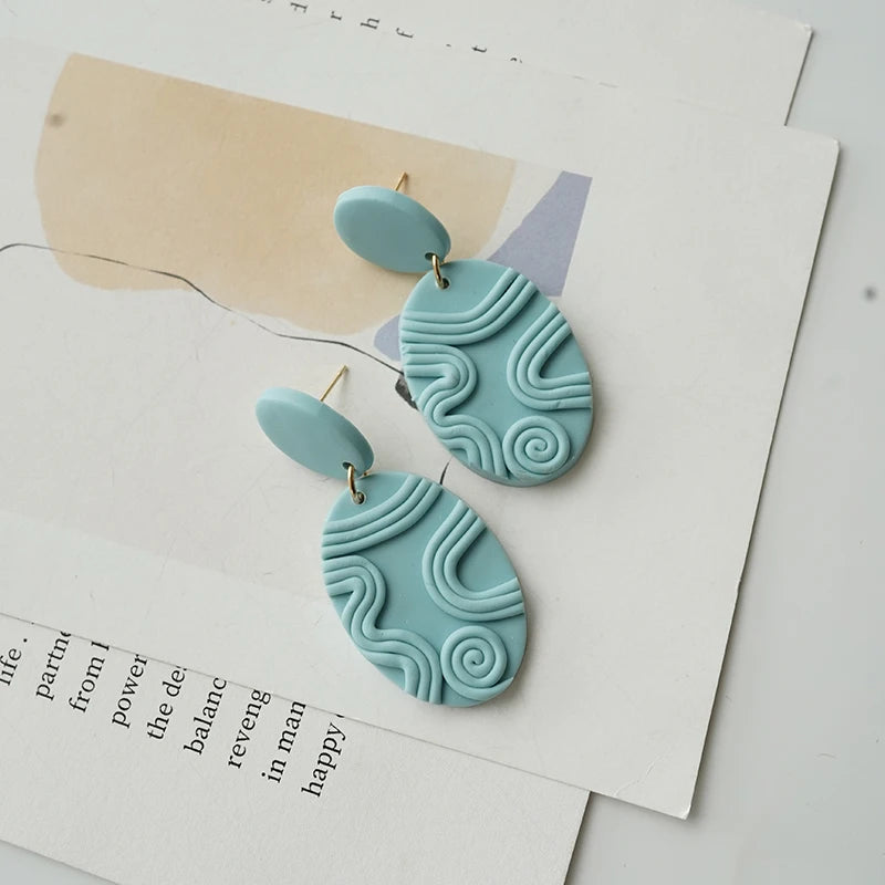 Trendy Strips Line layers Oval Handmade Polymer Clay Dangle Large Light Earrings For Women Unique Sweet Knitted Geometric Set