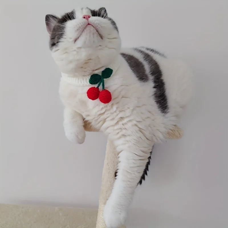 🌸 Adorable Cherry Charm Cat Collar 🌟 Handmade Knitted Cutie for Your Feline Friend 🐾✨