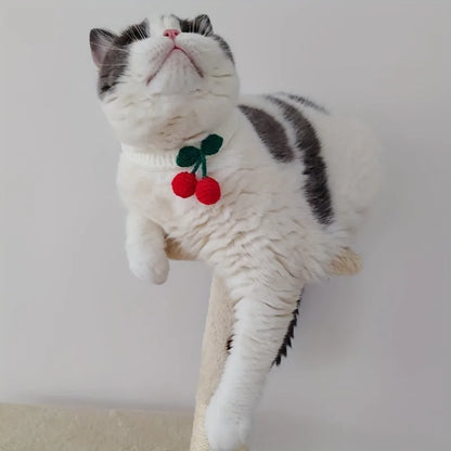 🌸 Adorable Cherry Charm Cat Collar 🌟 Handmade Knitted Cutie for Your Feline Friend 🐾✨