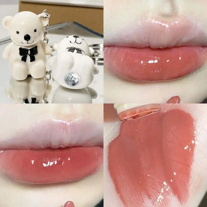 Water Light Mirror Lip Glaze Waterproof Long Lasting Cute Bear Keychain Lip Gloss Silky Smooth Liquid Lipstick Women Lip Makeup