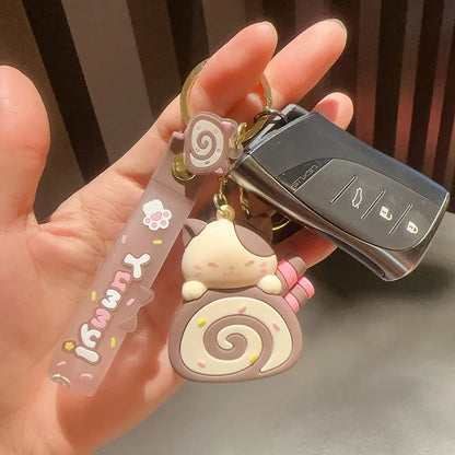 Cute Cat Keychain Charm PVC Cake Roll Key Ring For Bags And Gifts 🐱🍰🎀