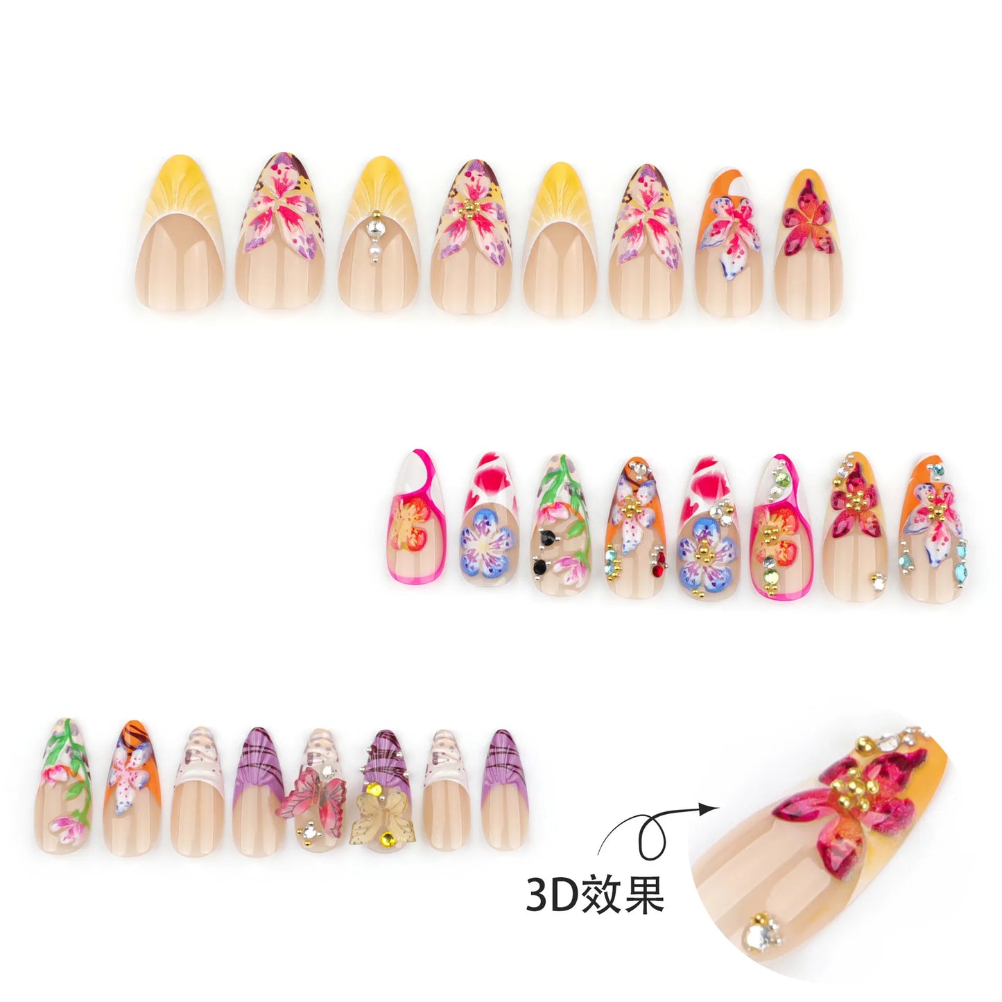 Kawaii Tropical Flower Press-On Nails 🌺✨ | 24PCS Colorful 3D Butterfly & Shell Art 💅🌈