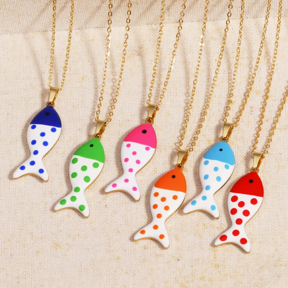 Cute Colorful Enamel Fish Pendant Necklace For Women Waterproof Gold Tone 🐟💖🌊