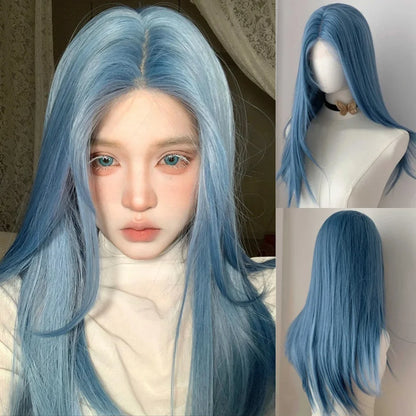 Enchanting Ombre Kawaii Wig 🌈✨ - Long Straight Lolita Style with Bangs in Glacier Blue & Blonde!