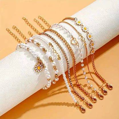 Whimsical Boho Star & Daisy Pearl Charm Bracelet Set 🌼✨ - Adjustable Eight-Piece Bangle for Fashionistas!
