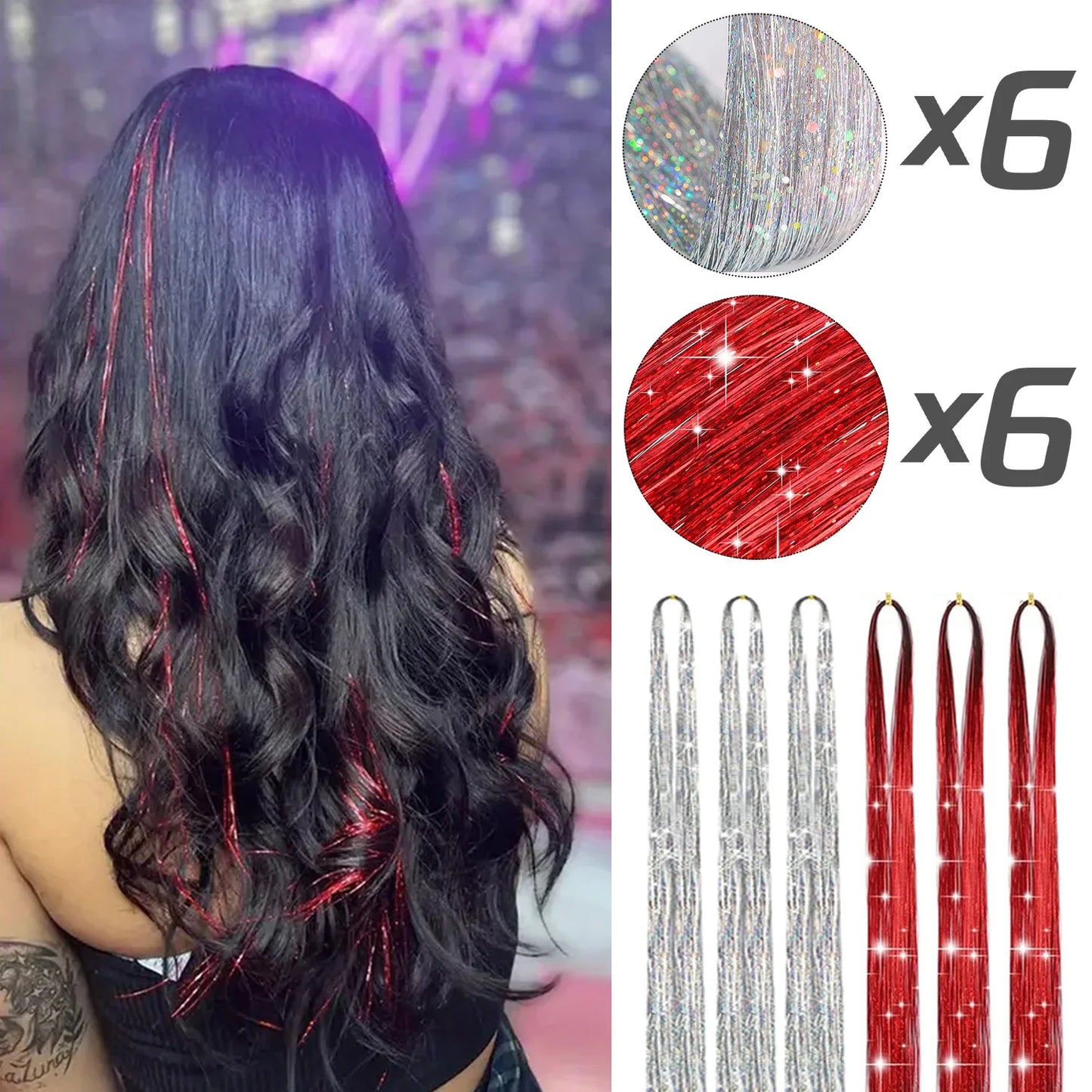 ✨Sparkly Fairy Hair Tinsel Set 🌈12 Shimmering Strands for Whimsical Hairstyles 🎉 Perfect for Parties & Festivals! 🦄✨