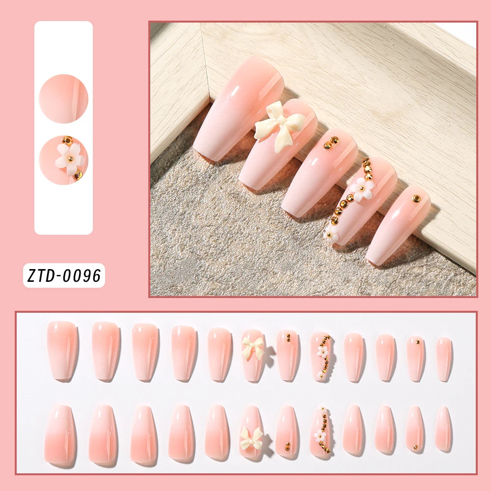 Kawaii Blush Pink 3D Bowknot & Pearl Press-On Nails 💖✨ | 24pcs Adorable Fake Nail Tips for Cute DIY Manicures!