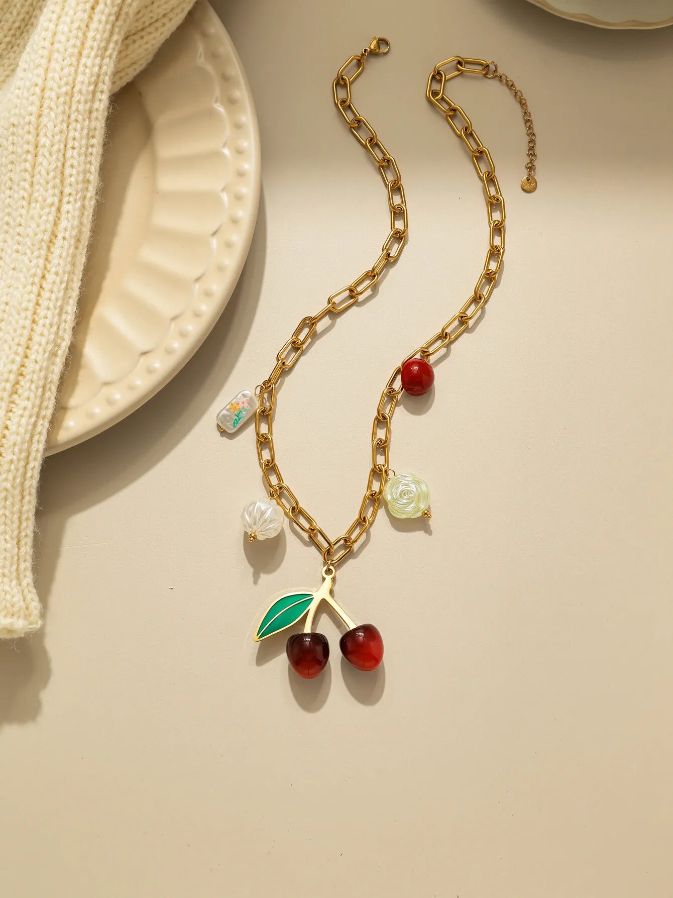 Whimsical Fruit Pendant Necklace 18K Gold Plated Stainless Steel Oil Dripping Cherry Pearl Tulip Acrylic Charm 🍒🌸