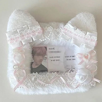 Kpop Idol Photo Holder Poker Storage Decor with Lace and Ribbon Plush Ears Cute Photocard Top Loader