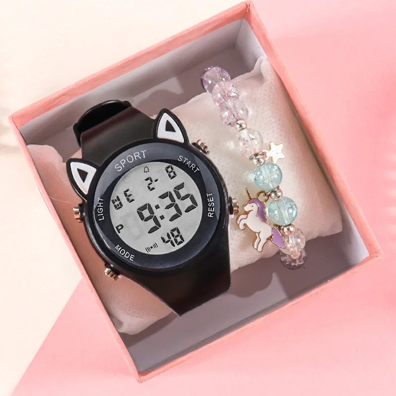 Kawaii Cat Ear Silicone Watch & Unicorn Bracelet Set 🐾✨ | Multi-Functional Fun for Kids! 🌈💖