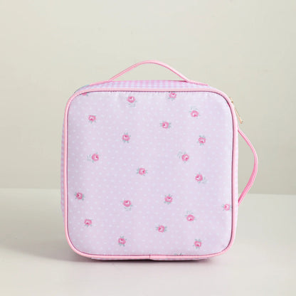 Kawaii Insulated Lunch Tote 🍱🌸 Cute Floral Canvas with Polka Dots & Blue Plaid Bow 🌼🎀 Portable Zipper Bag with Handle