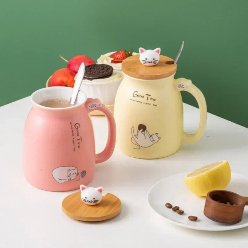 Kawaii Cat Ceramic Mug with Wooden Lid & Spoon 🐾💕 | Adorable Heat-Resistant Drinkware for Milk, Yogurt & More! 🍶✨