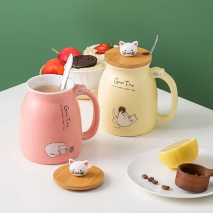 Kawaii Cat Ceramic Mug with Wooden Lid & Spoon 🐾💕 | Adorable Heat-Resistant Drinkware for Milk, Yogurt & More! 🍶✨