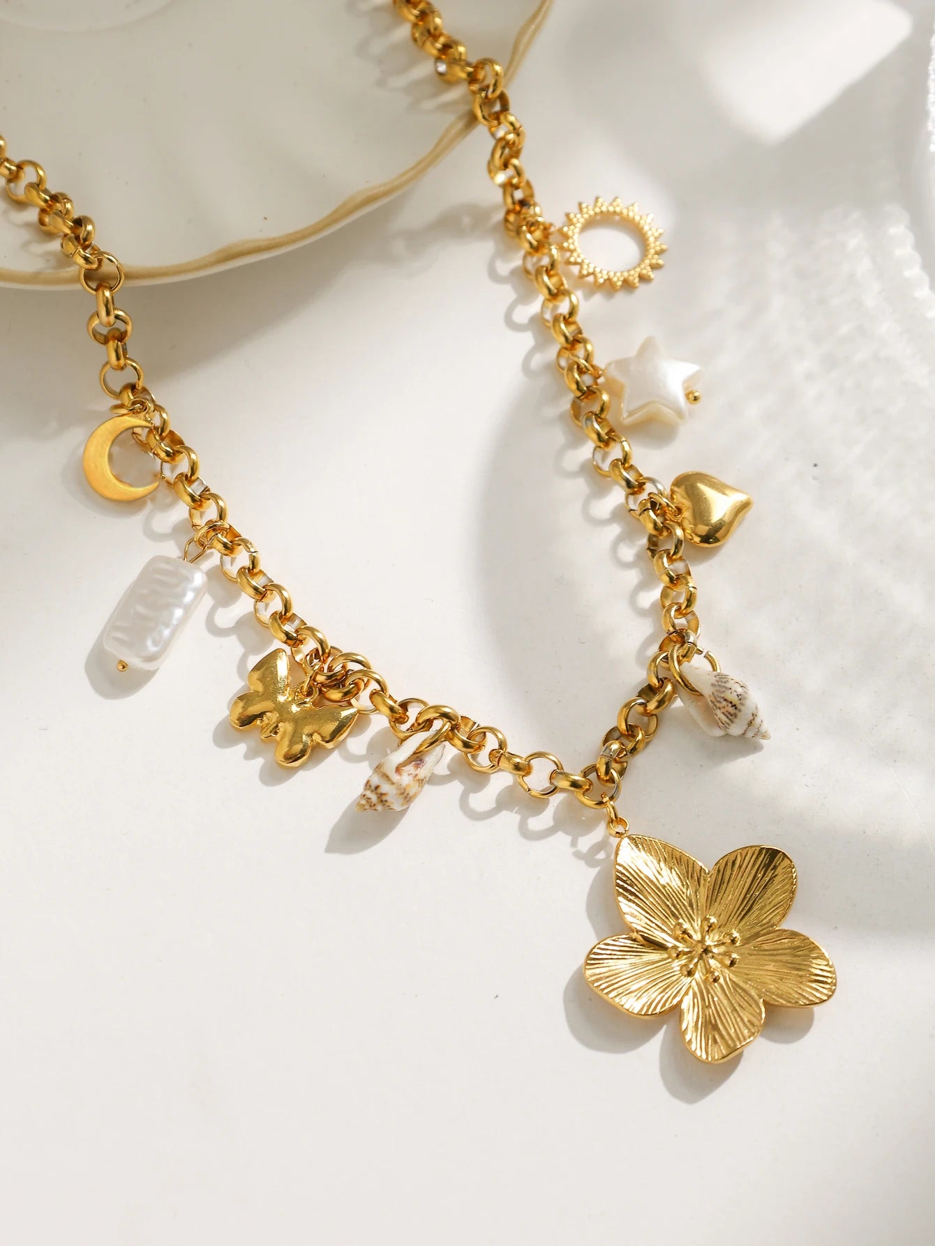 Star Butterfly Moon Flower Shell Pearl Pendant Necklace In Stainless Steel Gold Tone For Women Cute Gift 🌟🌙💖