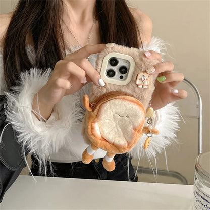 Kawaii Plush Bread Change Purse Phone Case for iPhone 16/15/14/13 Pro Max 🍞💖 Shockproof & Adorable Cartoon Design!