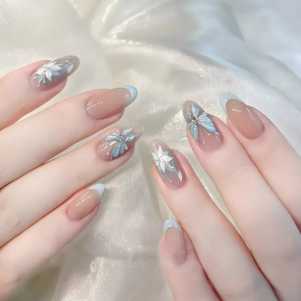 Kawaii Dreamy Starry Press-On Nails 🌙✨ | 24pcs Gradient Blue French Tips with Gold Moon Designs 🌟💅 for Sweet Almond Looks!